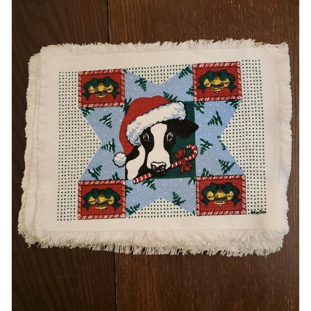 Vintage Kay Dee Christmas Cow Placemats Set of 8 Fringe Farmhouse‎ 80s